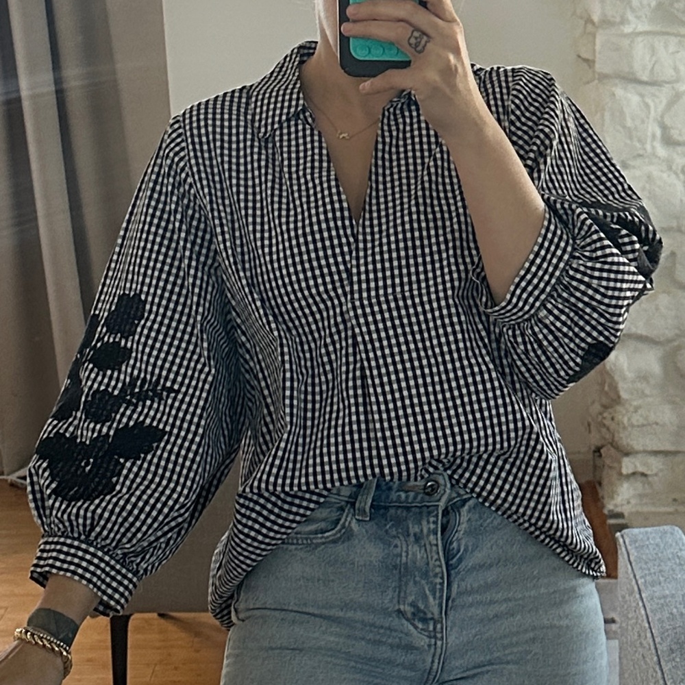 Karl Lagerfeld Gingham Top with Embroidery on Sleeves